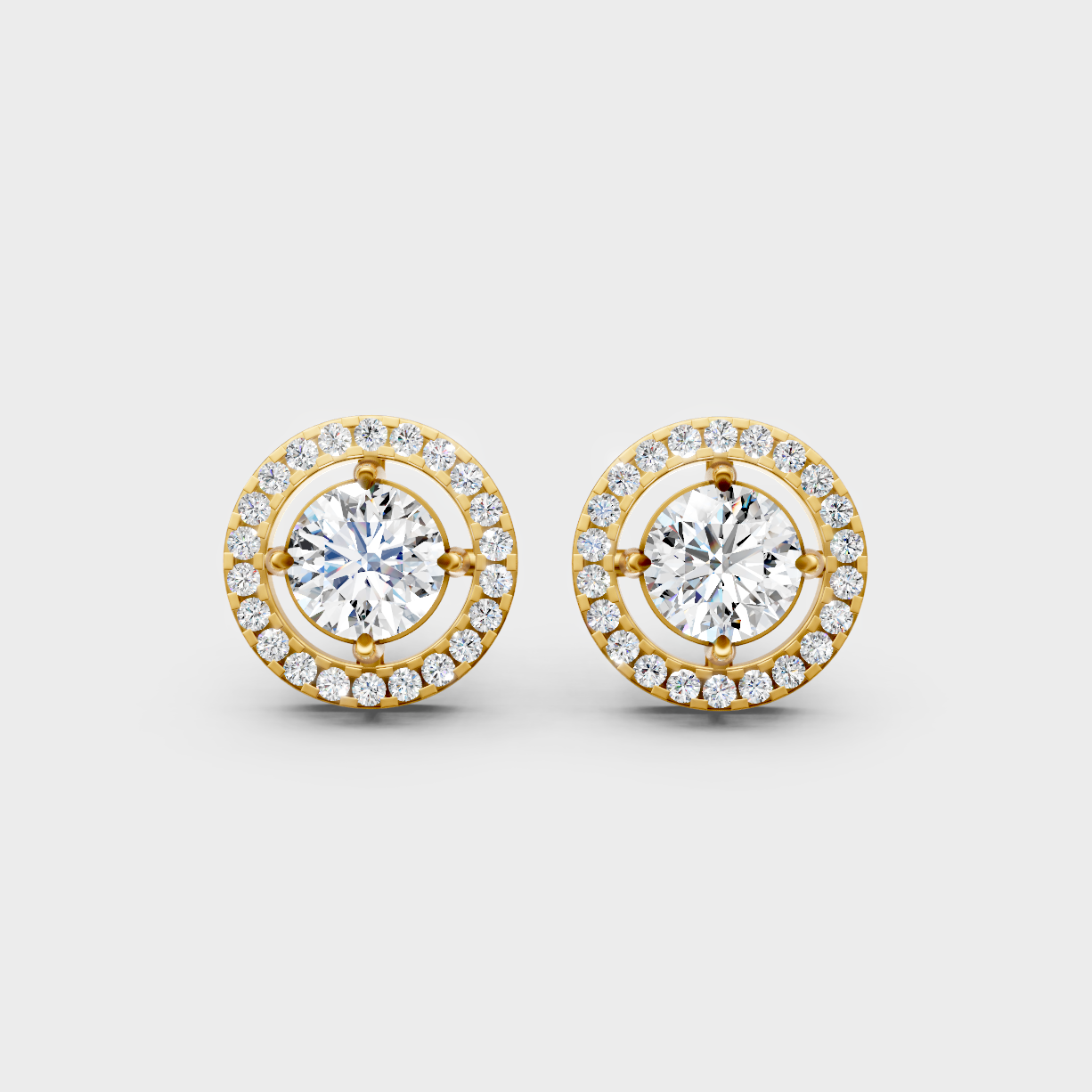 2.55 Ct Total Round Cut Lab-Grown Diamond Halo Stud Earrings 1.275 Ct Each In Yellow Gold